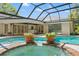 Screened-in pool and spa surrounded by potted flowers and lush landscaping at 20315 Mid Ct, Lutz, FL 33558