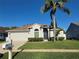 Charming single-story home with a two-car garage, well-manicured lawn, and a mature palm tree at 29123 Crossland Dr, Wesley Chapel, FL 33543