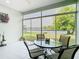 Screened in patio with a glass table, four chairs, and a view of a lake surrounded by trees at 2327 Shirecrest Cove Way, Lutz, FL 33558