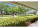 A treelined parking lot view from under the building's overhang at 36750 Us 19 N # 08102, Palm Harbor, FL 34684