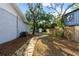 Private backyard featuring a stone pathway, mature trees, and a shed for extra storage at 705 S West Shore Blvd, Tampa, FL 33609