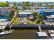 Aerial view of a backyard with a fire pit, dock, and canal access at 12821 5Th Isle, Hudson, FL 34667