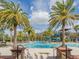 A luxurious community pool is surrounded by palm trees, lounge seating, and a water slide tower at 28923 Lucero Ln, Wesley Chapel, FL 33543