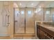Modern tiled shower with frameless glass enclosure, and a built-in shower niche for toiletries at 28923 Lucero Ln, Wesley Chapel, FL 33543