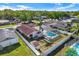 Aerial view of the fenced backyard, pool, and screen enclosure of the house at 10014 118Th Way, Seminole, FL 33772