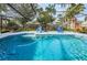 Sparkling swimming pool with a screened enclosure, poolside seating, and tropical plants at 1031 Ridge View Ln, Palm Harbor, FL 34683