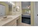 Bathroom with sink, countertop, large mirror, and bedroom access at 1438 Millstream Ln # 201, Dunedin, FL 34698
