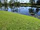 Scenic view of a pond reflecting the sky and surrounding trees and a grassy shoreline at 10535 Opus Dr, Riverview, FL 33579