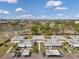 Aerial view of well-maintained single-story homes and a parking area set against a serene lakeside backdrop at 1801 Bedford Ter # 221, Sun City Center, FL 33573