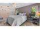 Comfortable bedroom with neutral colors, ceiling fan, closet, and a dedicated workspace at 3267 Westcott Ct, Palm Harbor, FL 34684