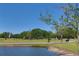 Picturesque driving range with lush greenery, pond, and a blue sky for a great day of golfing at 1093 Muirfield Ct, Tarpon Springs, FL 34688