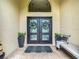 Elegant double front doors with wreath decor, complemented by stylish planters and seating at 17503 Edinburgh Dr, Tampa, FL 33647