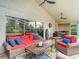 Outdoor lanai with comfortable wicker furniture, ceiling fans, and a view of the pool and backyard at 17503 Edinburgh Dr, Tampa, FL 33647