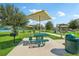 Outdoor picnic area featuring green metal tables with attached benches and yellow sunshades and a grill perfect for gatherings at 2400 Columbia Dr # 20, Clearwater, FL 33763