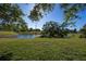 Expansive backyard with a picturesque lake and a mature tree on a small island at 818 Edgehill Dr, Palm Harbor, FL 34684