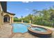 Backyard pool and spa area with a black metal fence, and statue, surrounded by lush landscaping and greenery at 17005 Madres De Avila, Tampa, FL 33613