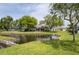 Backyard view of a pond with lush green grass and mature trees at 19200 Weymouth Dr, Land O Lakes, FL 34638