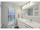 Bright bathroom featuring a single sink vanity with a large framed mirror and wood look floors at 3994 Belmoor Dr, Palm Harbor, FL 34685