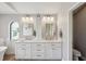 Bathroom featuring dual sinks, white cabinetry, and wood-look floors at 3994 Belmoor Dr, Palm Harbor, FL 34685