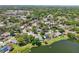 Scenic aerial perspective of a lakeside community showcasing homes with swimming pools at 505 Timber Pond Dr, Brandon, FL 33510