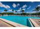 Inviting outdoor pool featuring crystal clear water, comfortable lounge chairs, and mature palm trees at 1333 Shady Pine Way # F, Tarpon Springs, FL 34688
