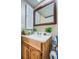 Well-lit bathroom featuring a wooden vanity, a decorative mirror, and ample storage space at 2537 Royal Pines Cir # 19I, Clearwater, FL 33763
