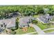 Aerial view of a charming single-story home surrounded by lush greenery and neighboring houses at 16808 Woburn Ln, Lutz, FL 33549