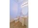 Half bath featuring wood-look tile flooring, a pedestal sink, round mirror, and standard toilet at 11118 Golden Silence Dr, Riverview, FL 33579