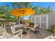 Serene backyard patio featuring comfortable seating, a yellow umbrella, and decorative string lights at 145 38Th Ne Ave, St Petersburg, FL 33704