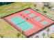 Overhead shot of well-maintained community tennis and pickleball courts surrounded by lush greenery at 301 Madeira Cir, Tierra Verde, FL 33715