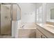 Bathroom features a garden tub, separate shower and plantation shutters to allow the sun to shine in at 30829 Iverson Dr, Wesley Chapel, FL 33543