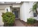 Inviting entryway with decorative glass door, mature landscaping, and dark mulch at 30829 Iverson Dr, Wesley Chapel, FL 33543