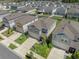 Aerial view of a neighborhood featuring modern homes with well-kept lawns and coordinated landscaping at 7580 Freesia Trce, Wesley Chapel, FL 33545