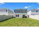 Well-maintained backyard featuring lush lawn, white fence, and house exterior with gray siding and sliding glass door at 7580 Freesia Trce, Wesley Chapel, FL 33545