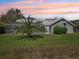 The property features a spacious, green backyard with a screened-in patio and a view of a large, mature palm tree at 954 Cobblestone Ln, Tarpon Springs, FL 34688