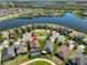 Aerial view of a house with a private pool in a community near a lake with recreational facilities at 10072 Sage Creek Dr, Ruskin, FL 33573