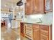 Wet bar area with wine cooler, granite countertop, custom cabinetry, and decorative backsplash at 1108 W Charter St, Tampa, FL 33602