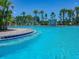 Community pool featuring a fountain and clear blue water surrounded by lush landscaping and palm trees at 1571 Montgomery Bell Rd, Wesley Chapel, FL 33543
