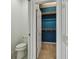 Walk-in closet with toilet, blue accent wall, and shelving for organization at 1571 Montgomery Bell Rd, Wesley Chapel, FL 33543