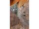 Tiled shower with a window offering a view of the outdoors, complemented by a wood-paneled ceiling at 20926 Ragan Ln, Land O Lakes, FL 34638