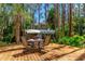 Wooden deck area with outdoor dining set, trees and lake views. Enjoy nature right outside the back door at 20926 Ragan Ln, Land O Lakes, FL 34638