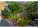 Beautiful landscaping featuring tropical plants, mulch, and an illuminated pathway, creating a serene outdoor ambiance at 2217 Brevard Ne Rd, St Petersburg, FL 33704