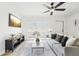 Bright and cozy living room featuring a comfortable gray sofa, wood floors, and a sleek TV for entertainment at 5108 Tangelo Dr, New Port Richey, FL 34652