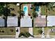 Aerial view showing the layout of the neighborhood and the property with its pool and shed at 10754 63Rd Ave, Seminole, FL 33772