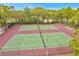 Aerial view of well-maintained tennis courts with green and red surfaces, surrounded by trees and a fence at 13102 Wagner Dr, Hudson, FL 34667