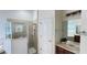 Updated bathroom featuring a walk-in shower, vanity, and window at 10048 Cleghorn Dr, San Antonio, FL 33576