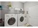 Well-equipped laundry room features modern washer and dryer on pedestals and ample storage shelving at 10612 Glencorse Ter, Bradenton, FL 34211