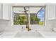 Close-up of a kitchen sink with brass faucet and window with backyard view at 16323 Muirfield Dr, Odessa, FL 33556