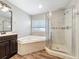 Cozy bathroom featuring wood floors, vanity sink, a tub, and a glass-enclosed shower at 22119 Weeks Blvd, Land O Lakes, FL 34639