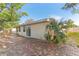 Backyard with a brick patio and a small palm tree next to the home's exterior at 230 Davison Ne Ave, St Petersburg, FL 33703
